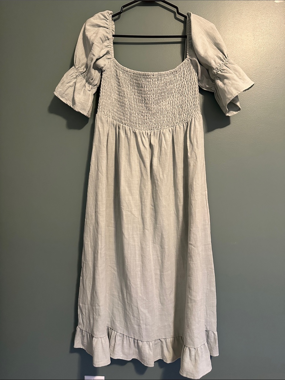Girl and the Sun Light Sage Puff-Sleeve Smocked Dress- cotton and linen medium